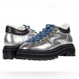 Shutz Lucille Shearling Lined Metallic Silver Lug Sole Hiking Shoes